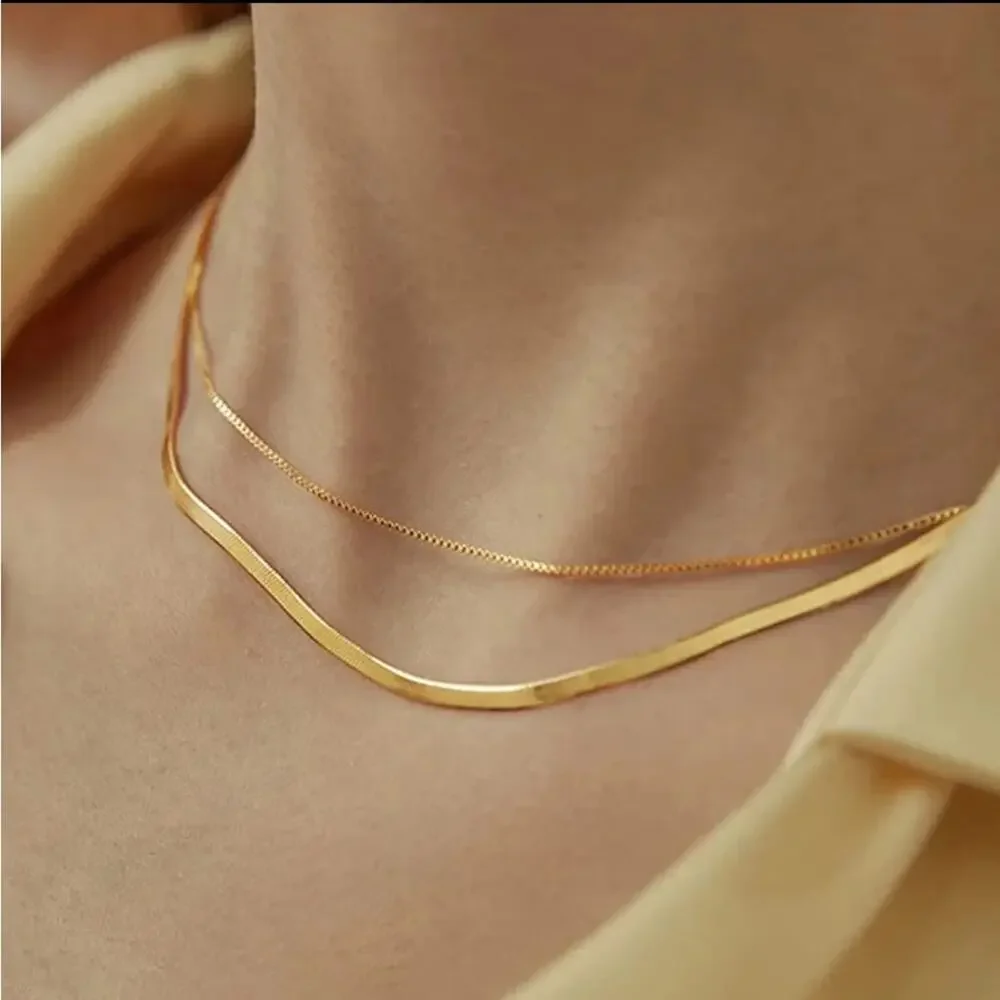 NEW 18K yellow gold filled flat layered double snake chain necklace jewelry B8A